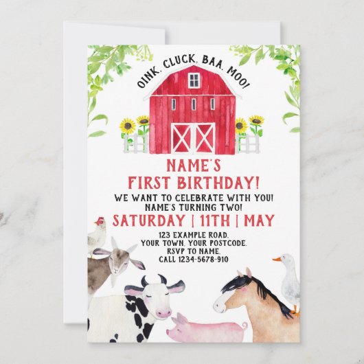 Boerderij Birthday Invitation, Boy Barn Party Anim Kaart (Voorkant)