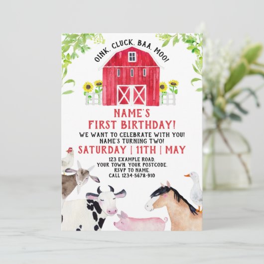Boerderij Birthday Invitation, Boy Barn Party Anim Kaart (Staand voorkant)