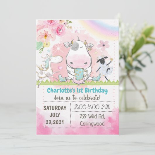 Boerderij Birthday Invitation, Cow-uitnodiging, ko Kaart (Staand voorkant)