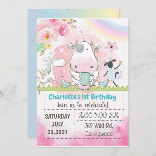 Boerderij Birthday Invitation, Cow-uitnodiging, ko Kaart (Voorkant / Achterkant)