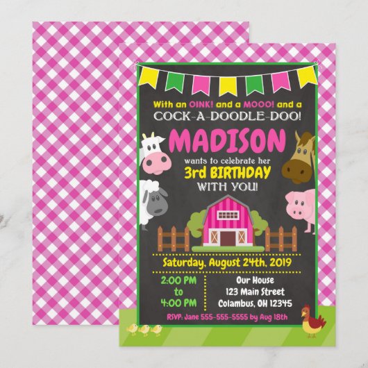 Boerderij Birthday Invitation / Girl Barnyard Part Kaart (Voorkant / Achterkant)