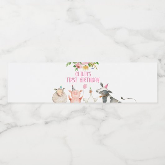 Boerderij Birthday Pink Barnyard Animals Girl Deco Waterfles Etiket (Enkel label)