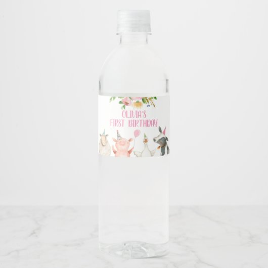 Boerderij Birthday Pink Barnyard Animals Girl Deco Waterfles Etiket (Voorkant)