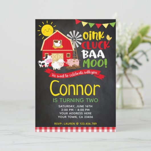 Boerderij Birthday Uitnodiging, Chalkboard Invite Kaart (Staand voorkant)