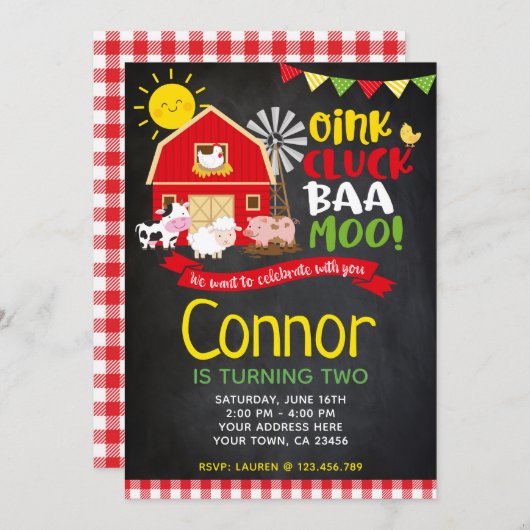 Boerderij Birthday Uitnodiging, Chalkboard Invite Kaart (Voorkant / Achterkant)