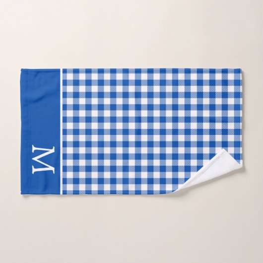 Boerderij Blauw en Wit Gingham Plaid Monogram Bad Handdoek (Handdoek)