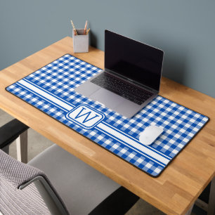 Boerderij Blauw en Wit Gingham Plaid Monogram Bureaumat