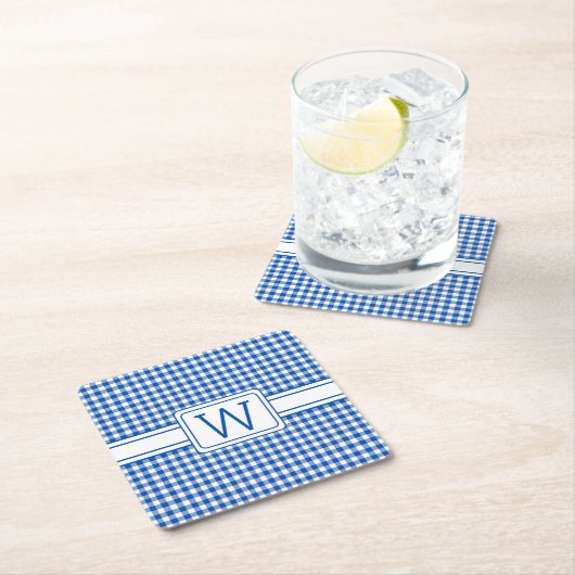 Boerderij Blauw en Wit Gingham Plaid Monogram Kartonnen Onderzetters (Insitu)