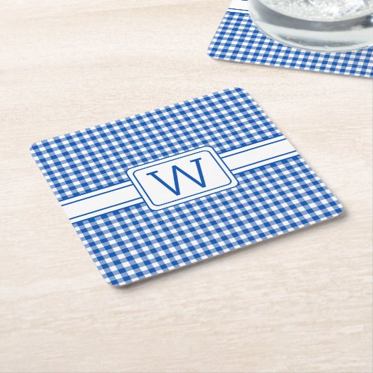 Boerderij Blauw en Wit Gingham Plaid Monogram Kartonnen Onderzetters (Schuin)