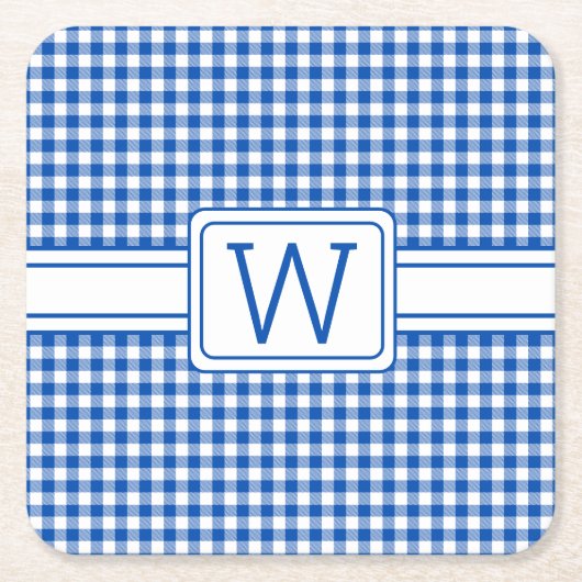 Boerderij Blauw en Wit Gingham Plaid Monogram Kartonnen Onderzetters (Voorkant)