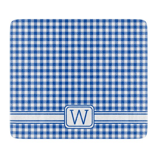 Boerderij Blauw en Wit Gingham Plaid Monogram Snijplank (Voorkant)