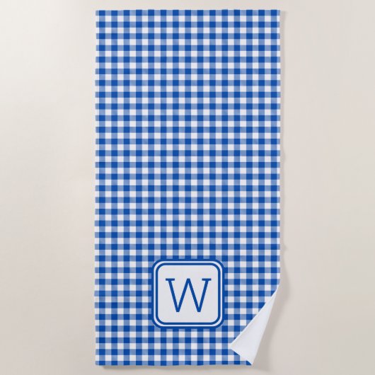 Boerderij Blauw en Wit Gingham Plaid Monogram Strandlaken (Voorkant)