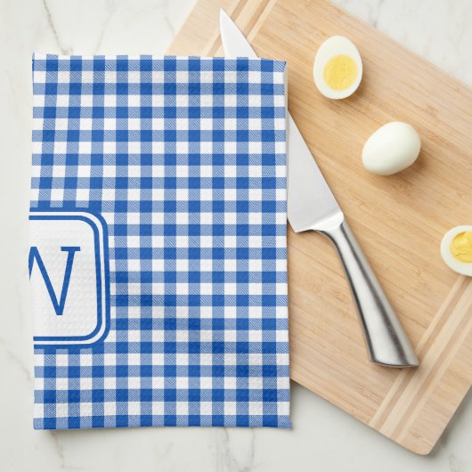 Boerderij Blauw en Wit Gingham Plaid Monogram Theedoek (Quarter Fold)