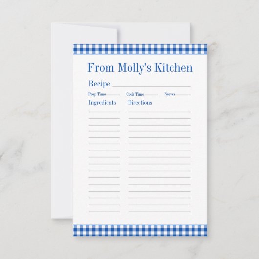 Boerderij Blauw en Wit Gingham Plaid Recept Notitiekaartje (Voorkant)