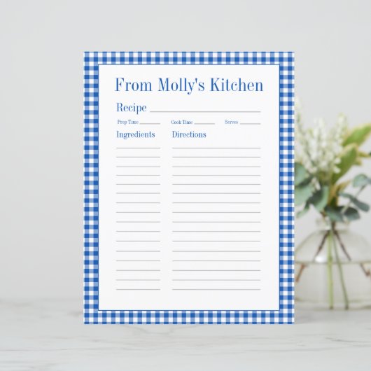 Boerderij Blauw en Wit Gingham Plaid Recept Pagina (Staand voorkant)
