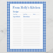 Boerderij Blauw en Wit Gingham Plaid Recept Pagina (Voorkant)