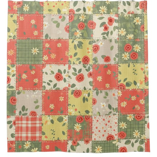 Boerderij Bloemen Patchwork Patroon Douchegordijn (Voorkant)