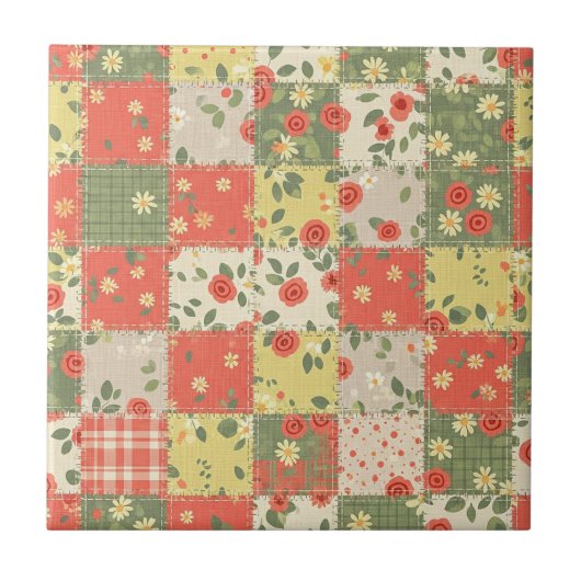 Boerderij Bloemenpatchwork Patroon Tegeltje (Voorkant)