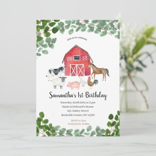 Boerderij Boy Birthday Invitation Greenery Kaart (Staand voorkant)