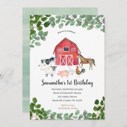 Boerderij Boy Birthday Invitation Greenery Kaart (Voorkant / Achterkant)