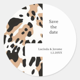 Boerderij Bruiloft Koeienhuid print De datum opsla Ronde Sticker