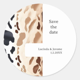 Boerderij Bruiloft Koeienhuid print De datum opsla Ronde Sticker