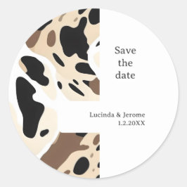 Boerderij Bruiloft Koeienhuid print De datum opsla Ronde Sticker