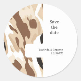 Boerderij Bruiloft Koeienhuid print De datum opsla Ronde Sticker