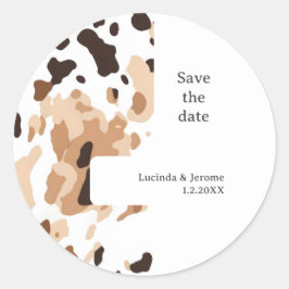 Boerderij Bruiloft Koeienhuid print De datum opsla Ronde Sticker