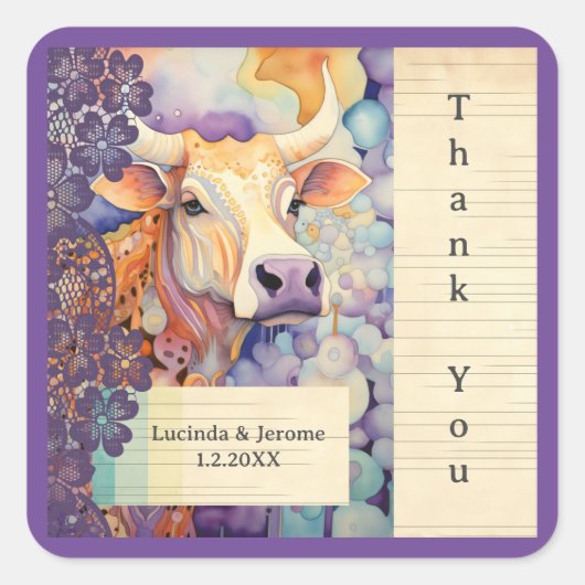 Boerderij Bruiloft os Koe Dank u Vierkante Sticker (Voorkant)