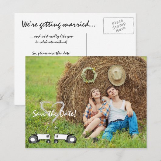 Boerderij Bruiloft Save the Date Briefkaart: Volle Aankondigingskaart (Voorkant / Achterkant)