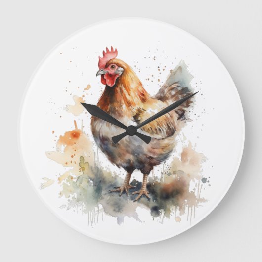 Boerderij Charm: Waterverf Chicken Art Grote Klok (Voorkant)
