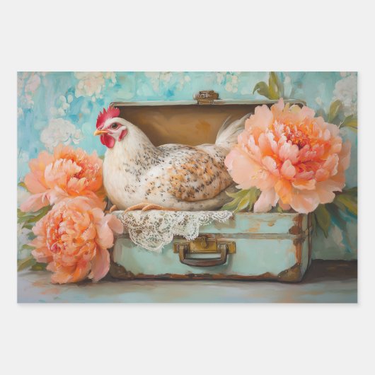 Boerderij Chic Chicken & Peony Decoupage Inpakpapier Vel (Voorkant)