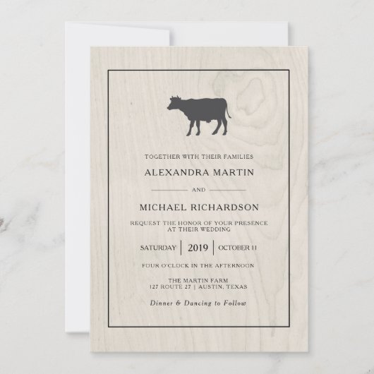 Boerderij Chic | Wit Hout met Koe Bruiloft Kaart (Voorkant)