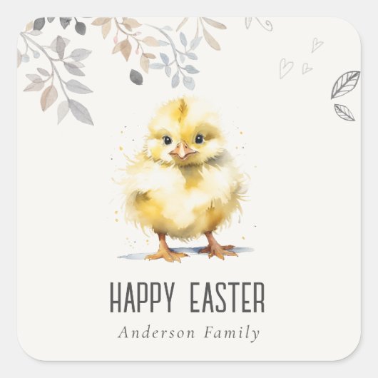 Boerderij Chick Waterverf Floral Happy Easter Vierkante Sticker (Voorkant)
