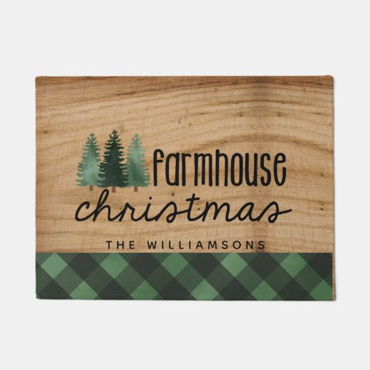 Boerderij Christmas Wood Plaid Familienaam Deurmat (Voorkant)