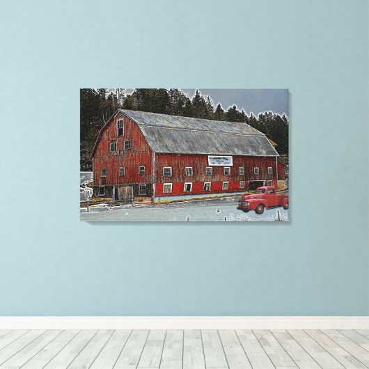Boerderij Dairy Canvas, Rode Barn en Truck Canvas Afdruk (Insitu (Houten vloer))