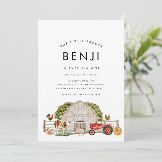 Boerderij Dier Kinder Boer 1e Verjaardagsfeest Kaart (Staand voorkant)