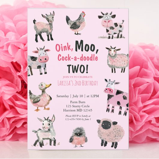 Boerderij Dier Roze Meisjes Tweede Verjaardag Kaart
