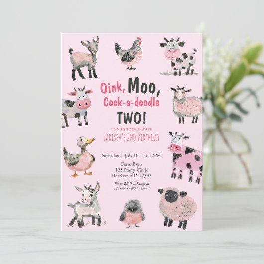 Boerderij Dier Roze Meisjes Tweede Verjaardag Kaart (Staand voorkant)