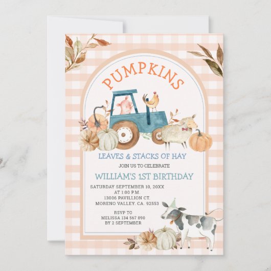 Boerderij Dier Sinaasappel Gingham Herfst Pompoene Kaart (Voorkant)