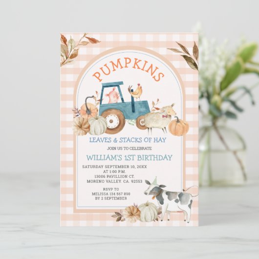 Boerderij Dier Sinaasappel Gingham Herfst Pompoene Kaart (Staand voorkant)