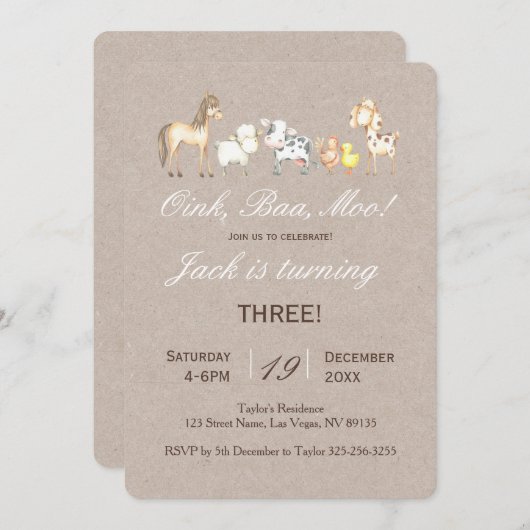 Boerderij Dierenverjaardagsuitnodiging Kaart (Voorkant / Achterkant)