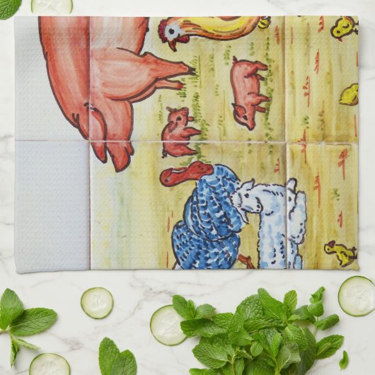  boerderij dierlijke illustratie varkenskippen lam theedoek (Gevouwen)