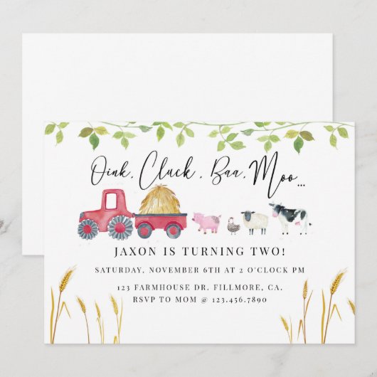 Boerderij dierlijke verjaardag, Barnyard party, Bo Kaart (Voorkant / Achterkant)