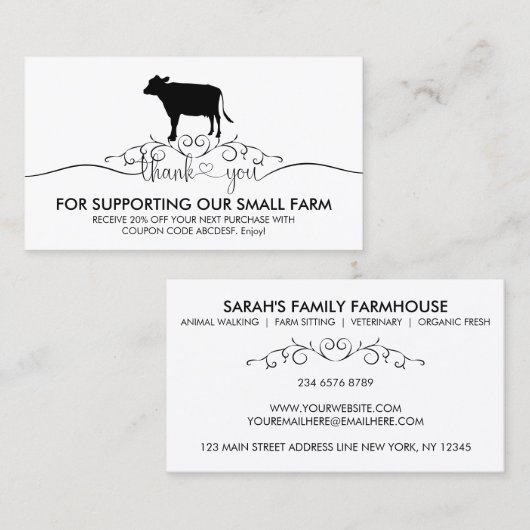 Boerderij Dierlijke Veterinaire koe Dank u Visitekaartje (Voorkant / Achterkant)