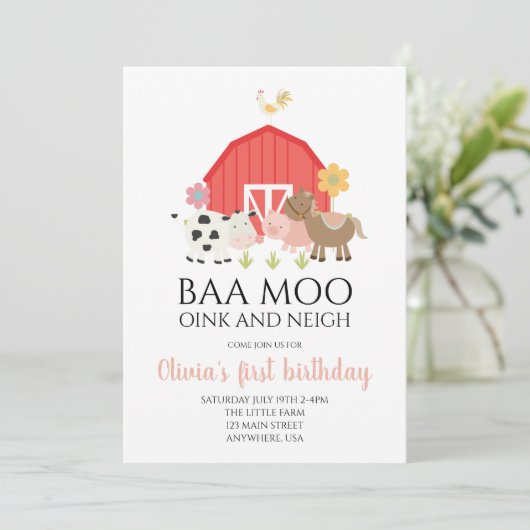 Boerderij dierverjaardag uitnodiging met roze plei (Staand voorkant)