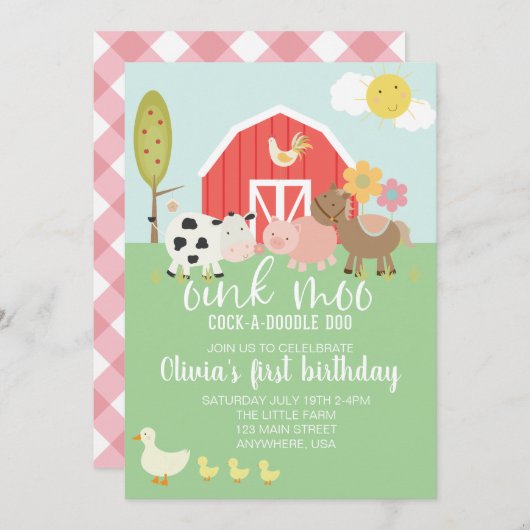Boerderij dierverjaardag uitnodiging met roze plei (Voorkant / Achterkant)