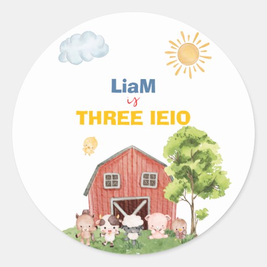 Boerderij Drie I-E-I-O 3de Verjaardag Ronde Sticker (Voorkant)
