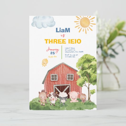 Boerderij Drie I-E-I-O 3e verjaardagsuitnodiging Kaart (Staand voorkant)